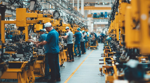 Industrial workers on an assembly line